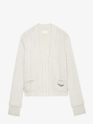 Travy Cardigan 100% Merino Wool - Wool cardigan with rhinestone wing brooch closure.