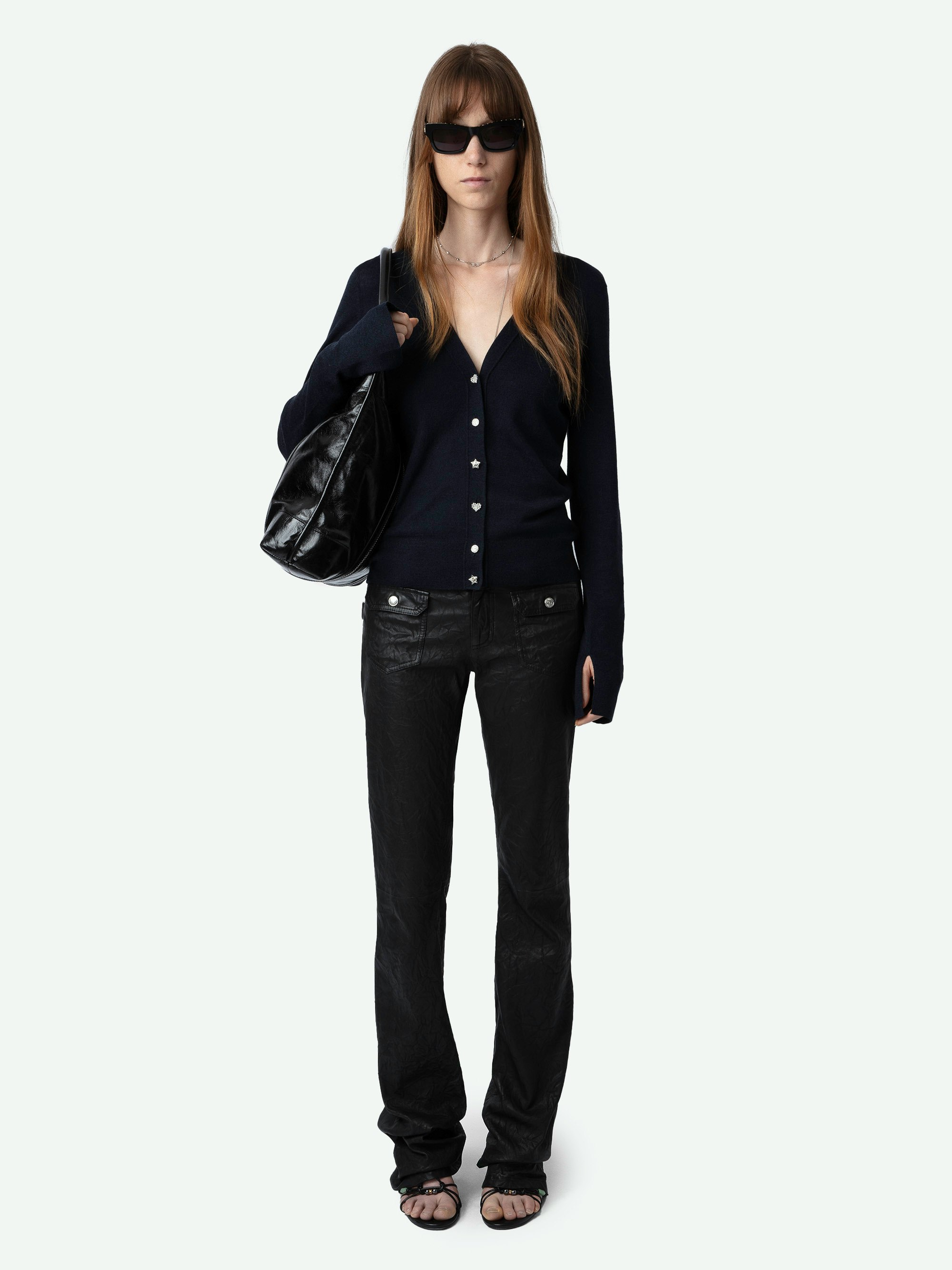 Jemma cardigan - Long-sleeved navy blue merino wool cardigan with diamante buttons and wings embroidered on the back.