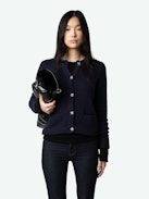 Marcy Jewelled Cashmere Cardigan - Navy blue cashmere cardigan with pockets and star buttons embellished with diamanté.