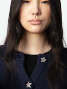 Marcy Jewelled Cashmere Cardigan - Navy blue cashmere cardigan with pockets and star buttons embellished with diamanté.