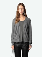 Jemmy Patch Cashmere Cardigan - Mottled grey cashmere cardigan with button fastening and star patches and embroidery on elbows.