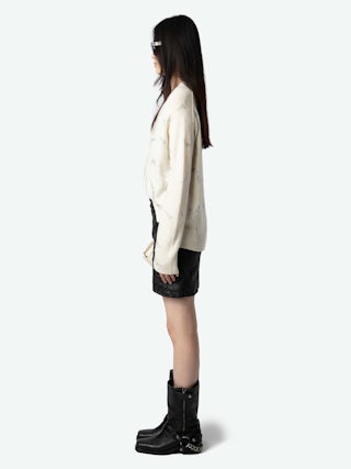 Mirka Diamanté Wings Cashmere Cardigan - Ecru cream cashmere cardigan with button fastening and all-over diamanté-embellished wings.