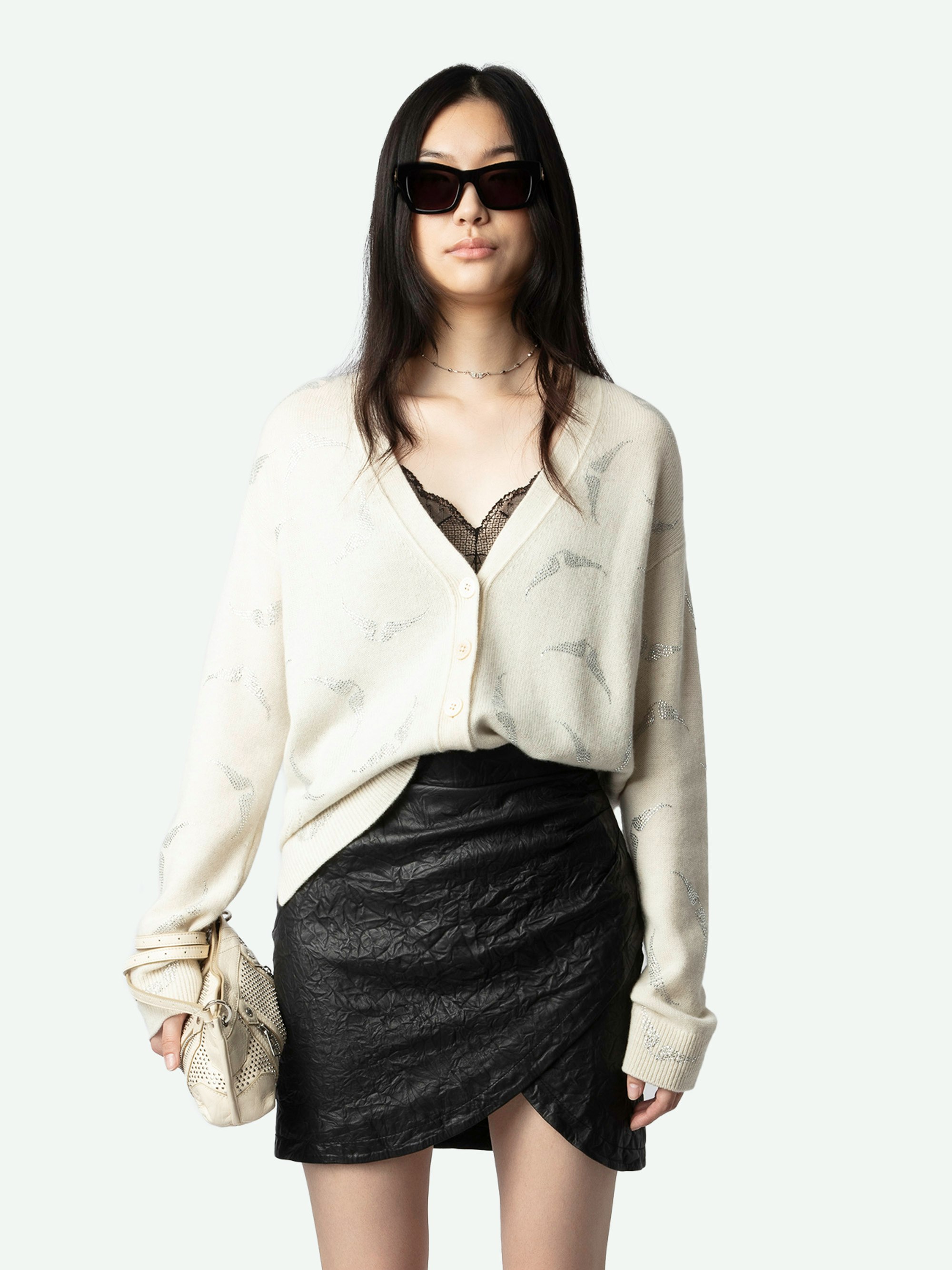 Mirka Diamanté Wings Cashmere Cardigan - Ecru cream cashmere cardigan with button fastening and all-over diamanté-embellished wings.