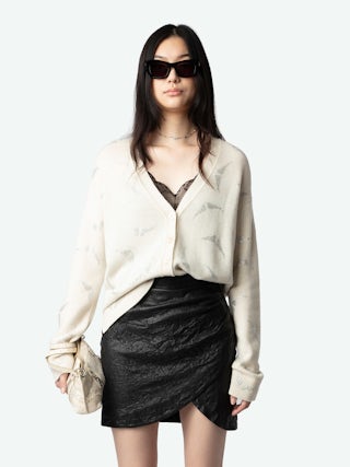 Mirka Diamanté Wings Cashmere Cardigan - Ecru cream cashmere cardigan with button fastening and all-over diamanté-embellished wings.