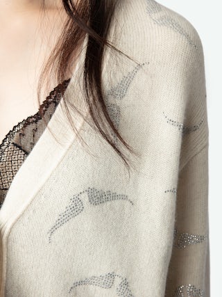 Mirka Diamanté Wings Cashmere Cardigan - Ecru cream cashmere cardigan with button fastening and all-over diamanté-embellished wings.