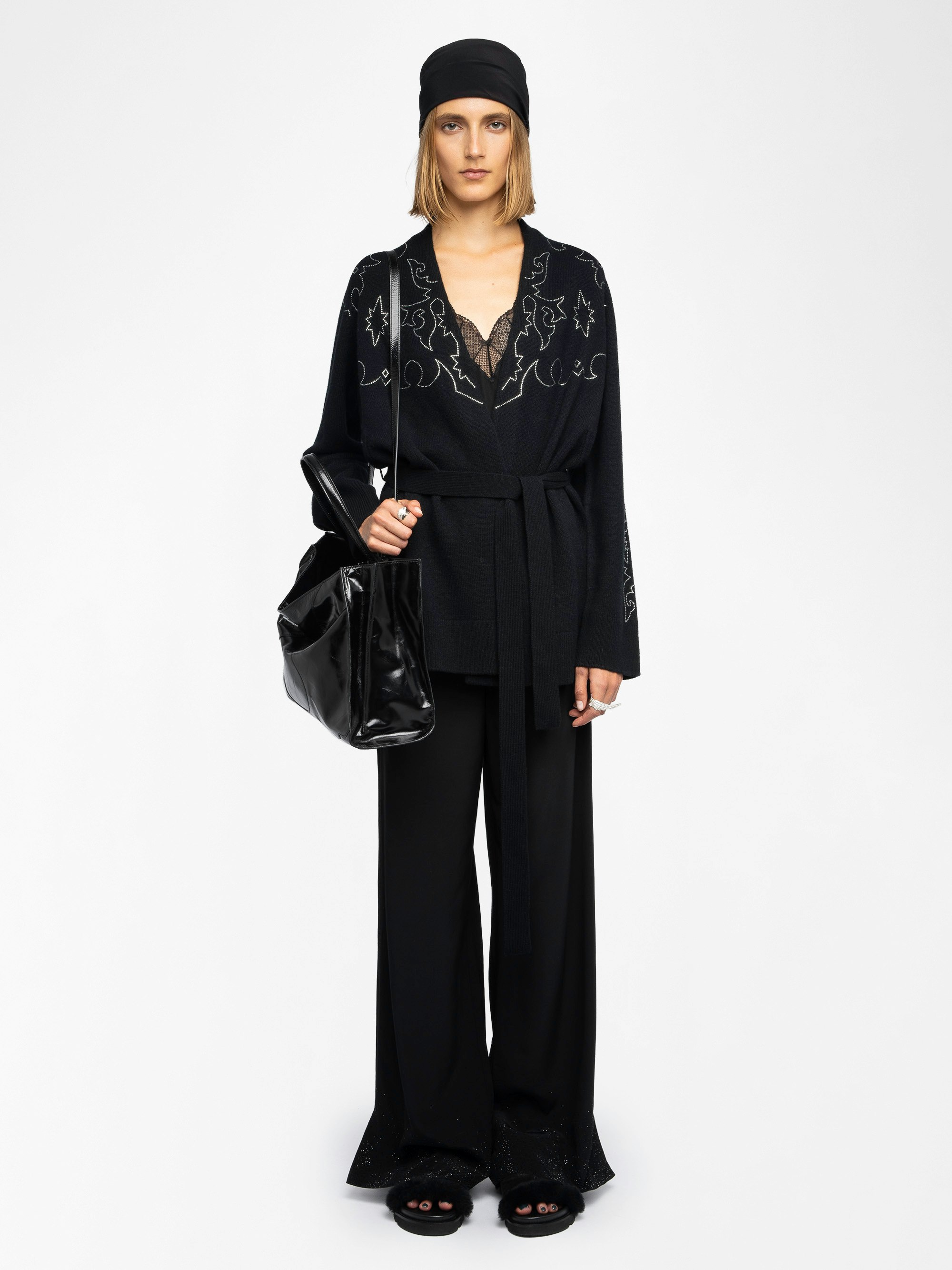 Cardigan Salomy 100% Cashmere - Cardigan with rhinestone plastron at the front, back and cuffs.