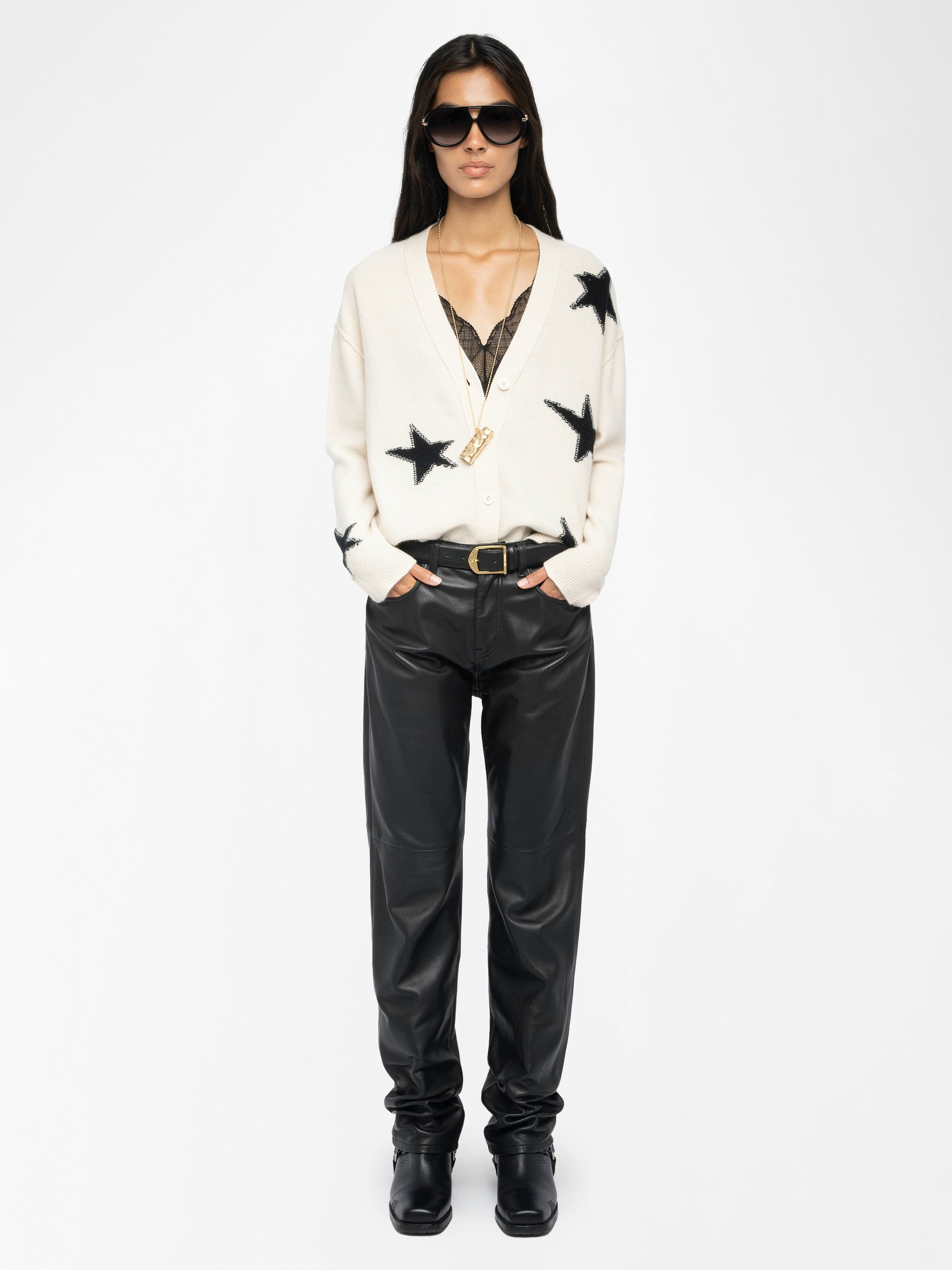 Mirkaz 100% Cashmere Cardigan - V-neck buttoned cardigan with used effect stars.