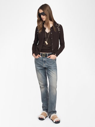 Missya Cardigan 100% Cashmere - Round neck buttoned cardigan with applied rhinestones.