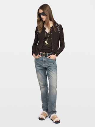 Missya Cashmere Cardigan - Round neck buttoned cardigan with applied rhinestones.