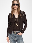 Missya Cashmere Cardigan - Round neck buttoned cardigan with applied rhinestones.