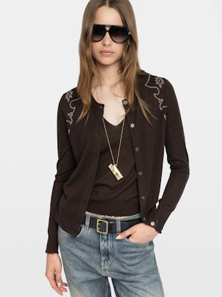Missya Cashmere Cardigan - Round neck buttoned cardigan with applied rhinestones.