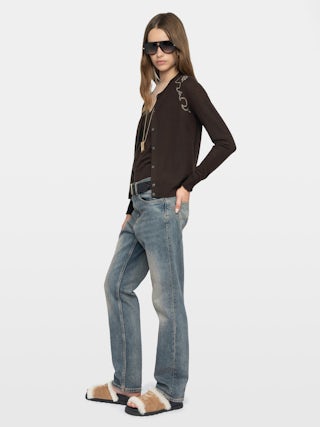 Missya Cashmere Cardigan - Round neck buttoned cardigan with applied rhinestones.