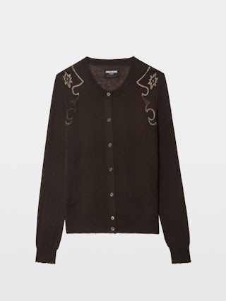 Missya Cashmere Cardigan - Round neck buttoned cardigan with applied rhinestones.