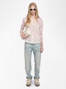 Manylla Cardigan 100% Cashmere - V-neck cardigan with a square rhinestone button closure.