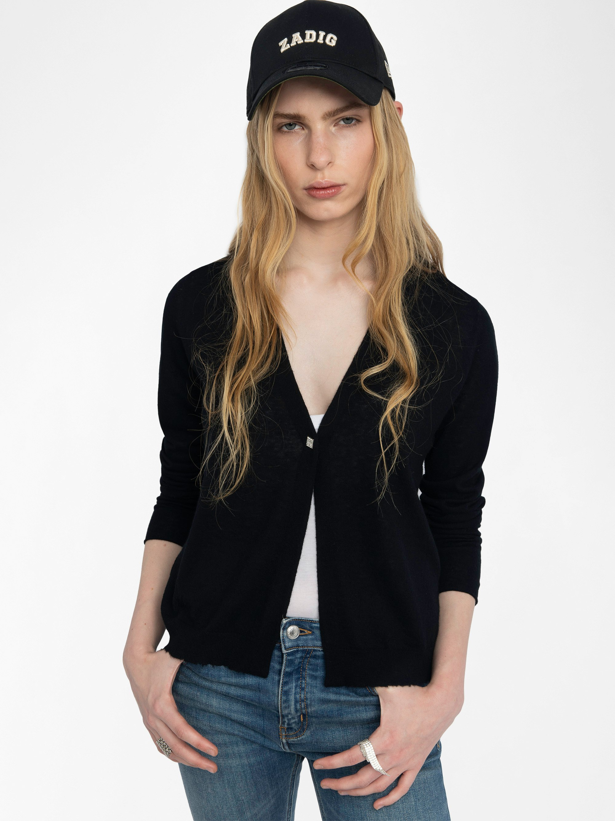 Manylla Cashmere Cardigan - V-neck cardigan with a square rhinestone button closure.