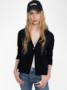 Manylla Cashmere Cardigan - V-neck cardigan with a square rhinestone button closure.