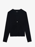 Manylla Cashmere Cardigan - V-neck cardigan with a square rhinestone button closure.
