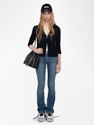Manylla Cashmere Cardigan - V-neck cardigan with a square rhinestone button closure.