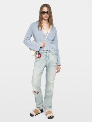 Nolly Cardigan - Button-up V-neck cardigan with patch pockets on the front.