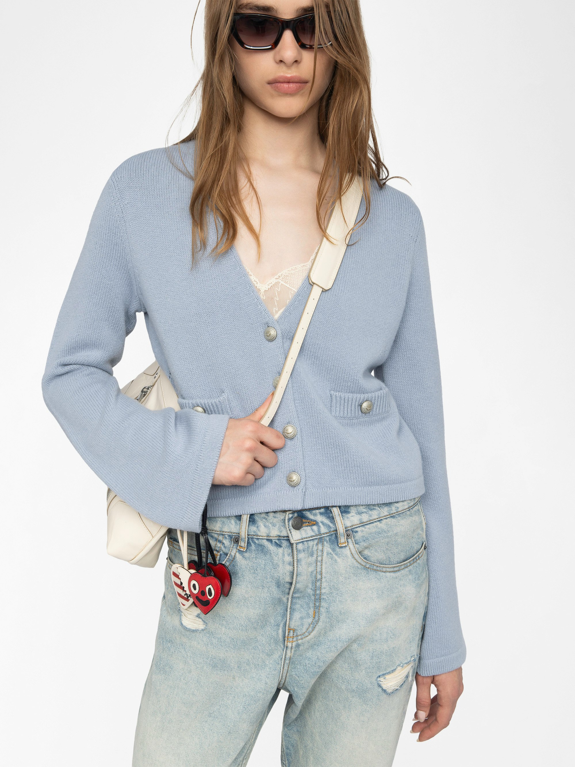 Nolly Cashmere Cardigan - Button-up V-neck cardigan with patch pockets on the front.