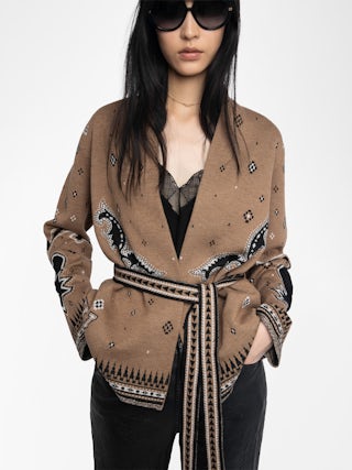 Kala Cardigan 100% Merino Wool - Cardigan in electronic jacquard with belt.