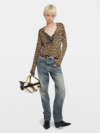 Manala Cardigan 100% Cashmere - Leopard print V-neck cardigan.