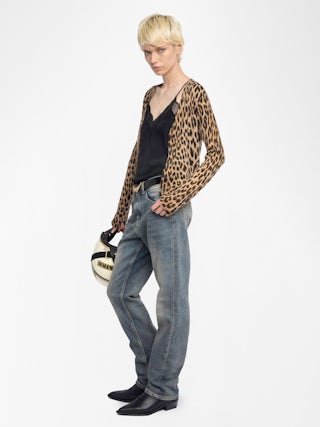 Manala Cardigan 100% Cashmere - Leopard print V-neck cardigan.