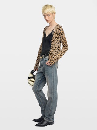 Manala Cardigan 100% Cashmere - Leopard print V-neck cardigan.