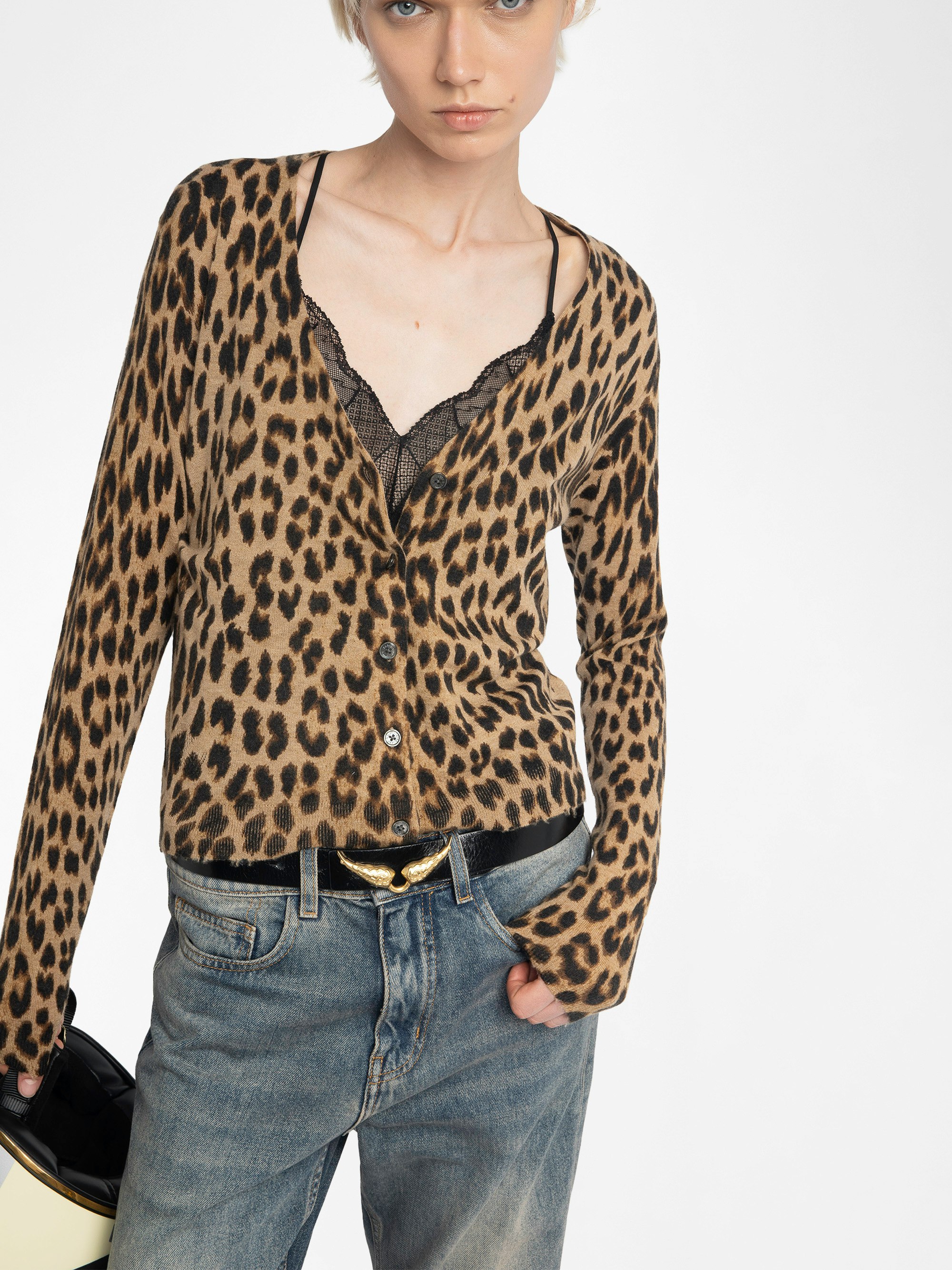Manala Cashmere Cardigan - Leopard print V-neck cardigan.