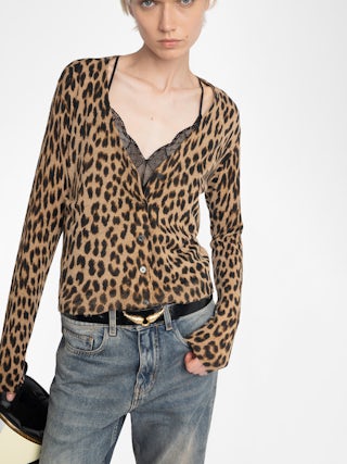 Manala Cardigan 100% Cashmere - Leopard print V-neck cardigan.
