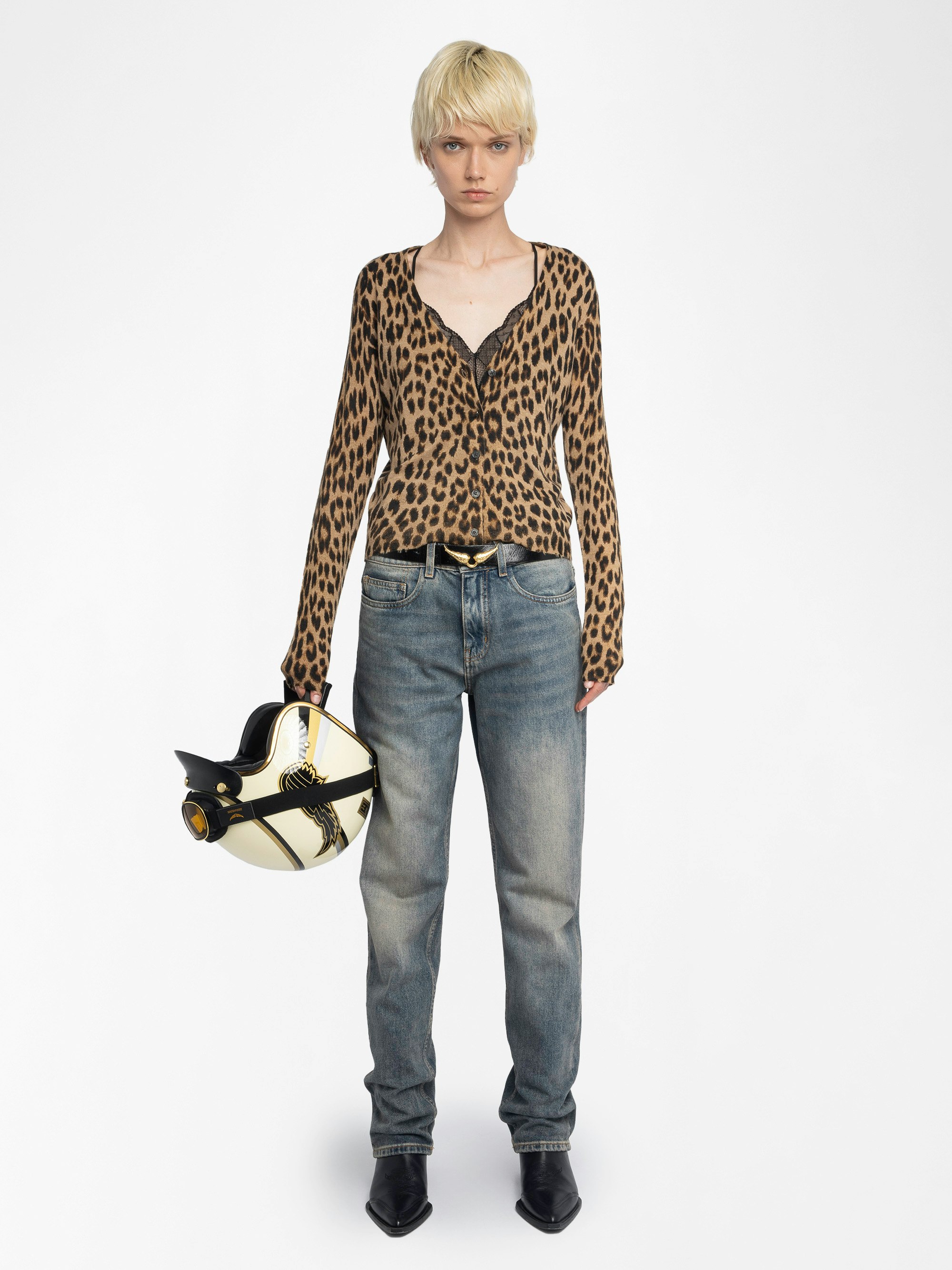 Manala Cardigan 100% Cashmere - Leopard print V-neck cardigan.