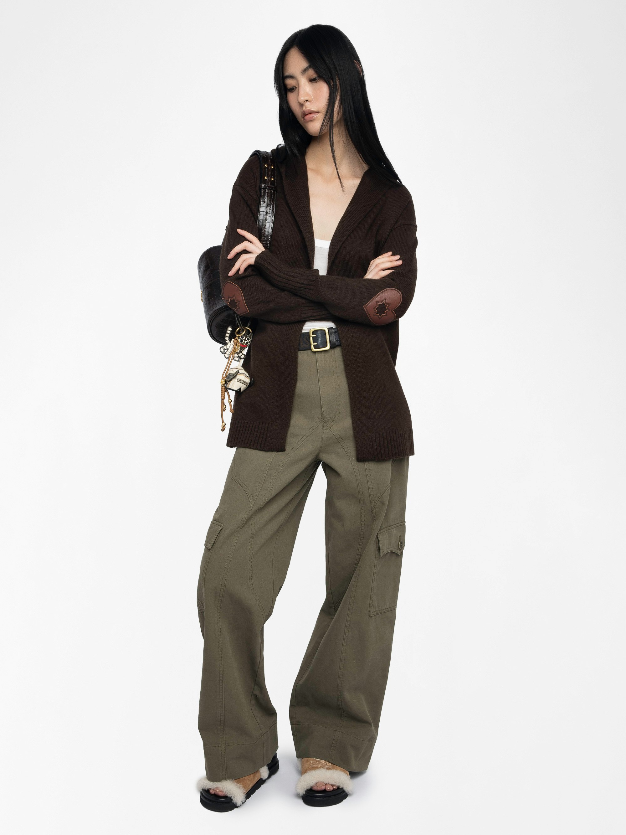 Cosya Cardigan - Brown wool and cashmere blend cardigan with leather patches on sleeves.