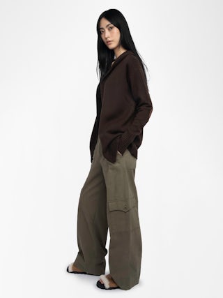 Cardigan Cosya - Hooded cardigan with western patch at elbows.