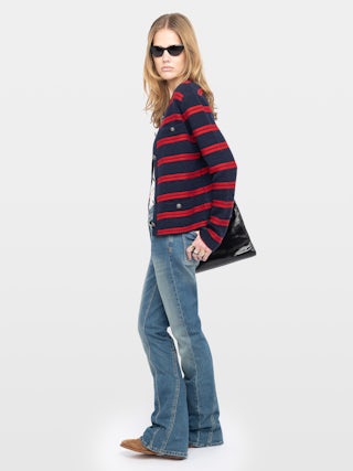 Cardigan Camo - Button-up cardigan with horizontal stripes and pockets.