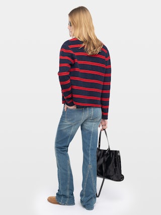 Cardigan Camo - Button-up cardigan with horizontal stripes and pockets.