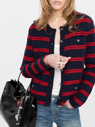 Cardigan Camo - Button-up cardigan with horizontal stripes and pockets.