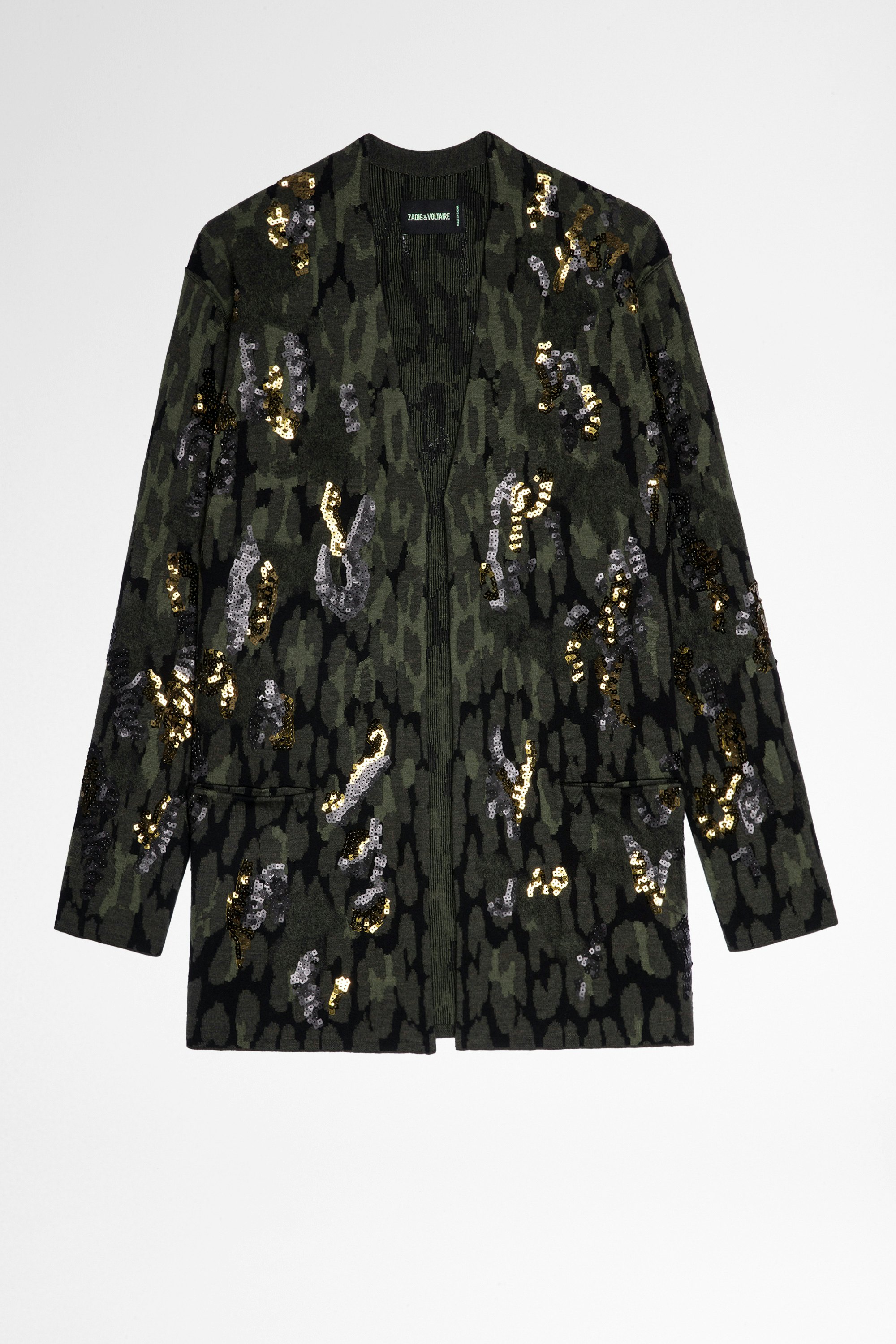 Addison ジャケット Women's khaki knitted jacket with sequins and camouflage print