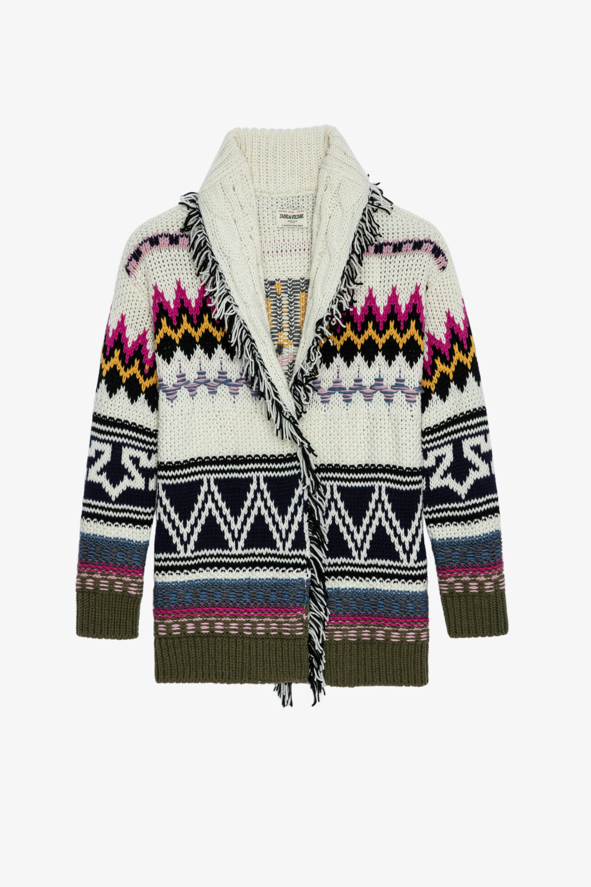 Ella Coat Women’s multicoloured cashmere knit coat with fringing and “Enjoy Today” slogan