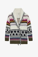 Ella Coat - Women’s multicoloured cashmere knit coat with fringing and “Enjoy Today” slogan