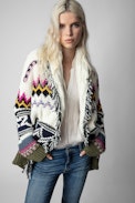 Ella Coat - Women’s multicoloured cashmere knit coat with fringing and “Enjoy Today” slogan