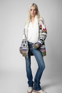 Ella Coat - Women’s multicoloured cashmere knit coat with fringing and “Enjoy Today” slogan