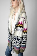 Ella Coat - Women’s multicoloured cashmere knit coat with fringing and “Enjoy Today” slogan