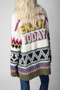 Ella Coat - Women’s multicoloured cashmere knit coat with fringing and “Enjoy Today” slogan