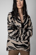 Strickjacke Maya Tiger Merinowolle - Cognacfarbene Damen-Strickjacke mit Tigermotiv und Pailletten