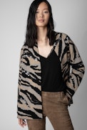 Strickjacke Maya Tiger Merinowolle - Cognacfarbene Damen-Strickjacke mit Tigermotiv und Pailletten