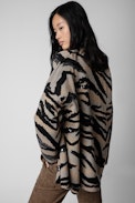 Strickjacke Maya Tiger Merinowolle - Cognacfarbene Damen-Strickjacke mit Tigermotiv und Pailletten