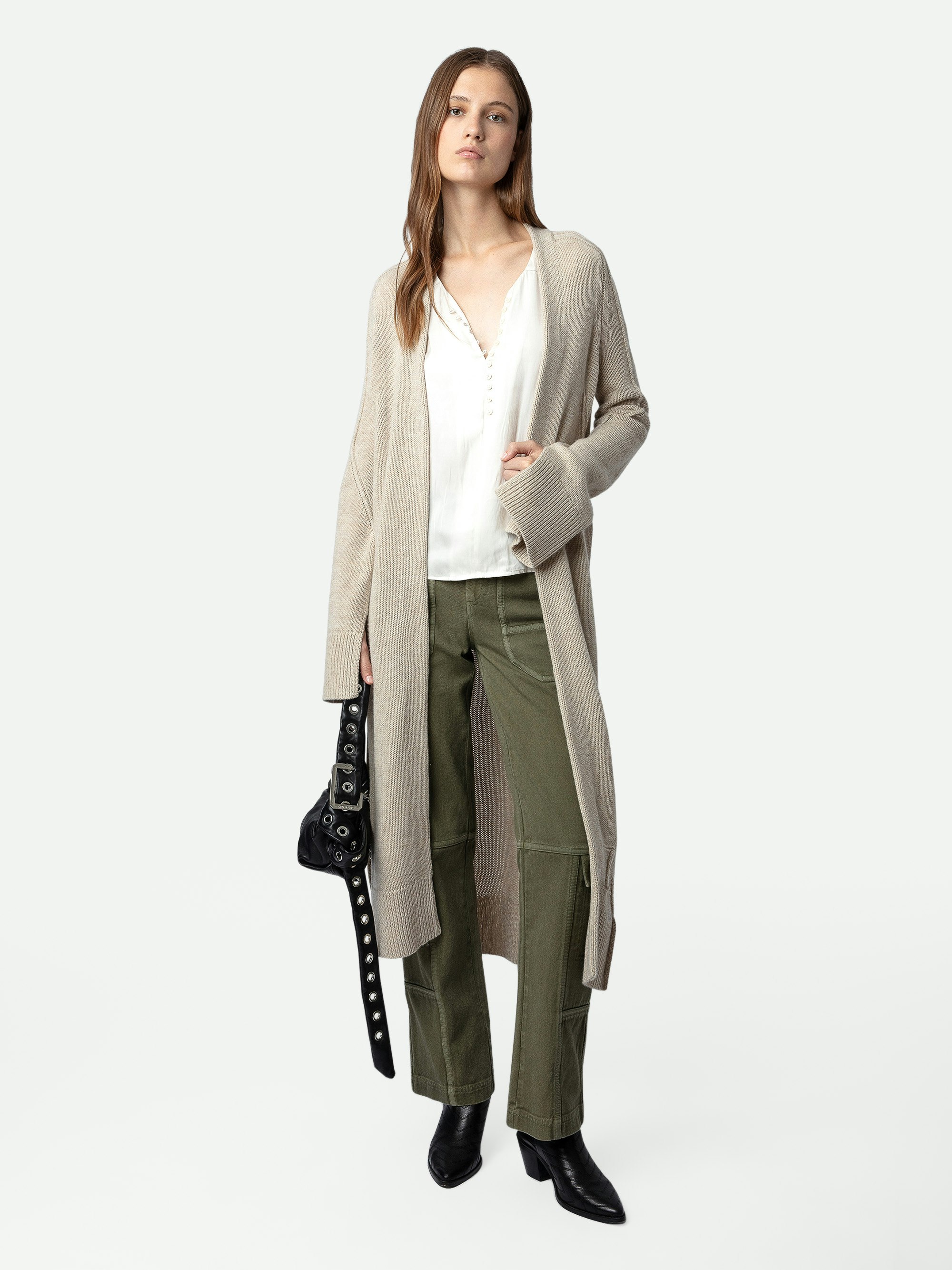 Gilet Salome - Gilet manteau long en maille écrue à manches longues, poignets fendus et ceinture amovible.