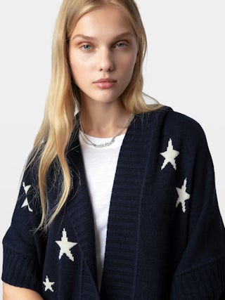 Inna 100% Cashmere Cardigan - Long cashmere gilet adorned with star motifs in intarsia jacquard.