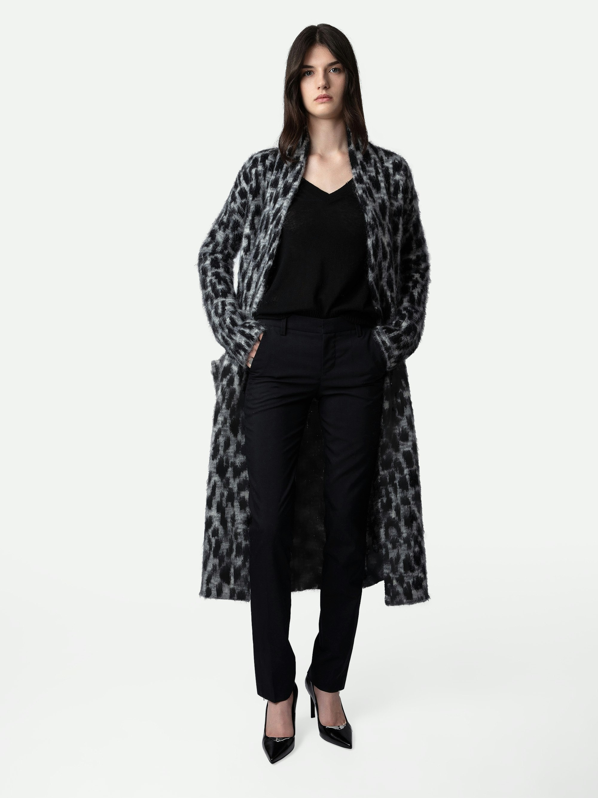 Cardigan Tilda Leopardato - Cardigan-cappotto lungo grigio da donna con stampa leopardata.