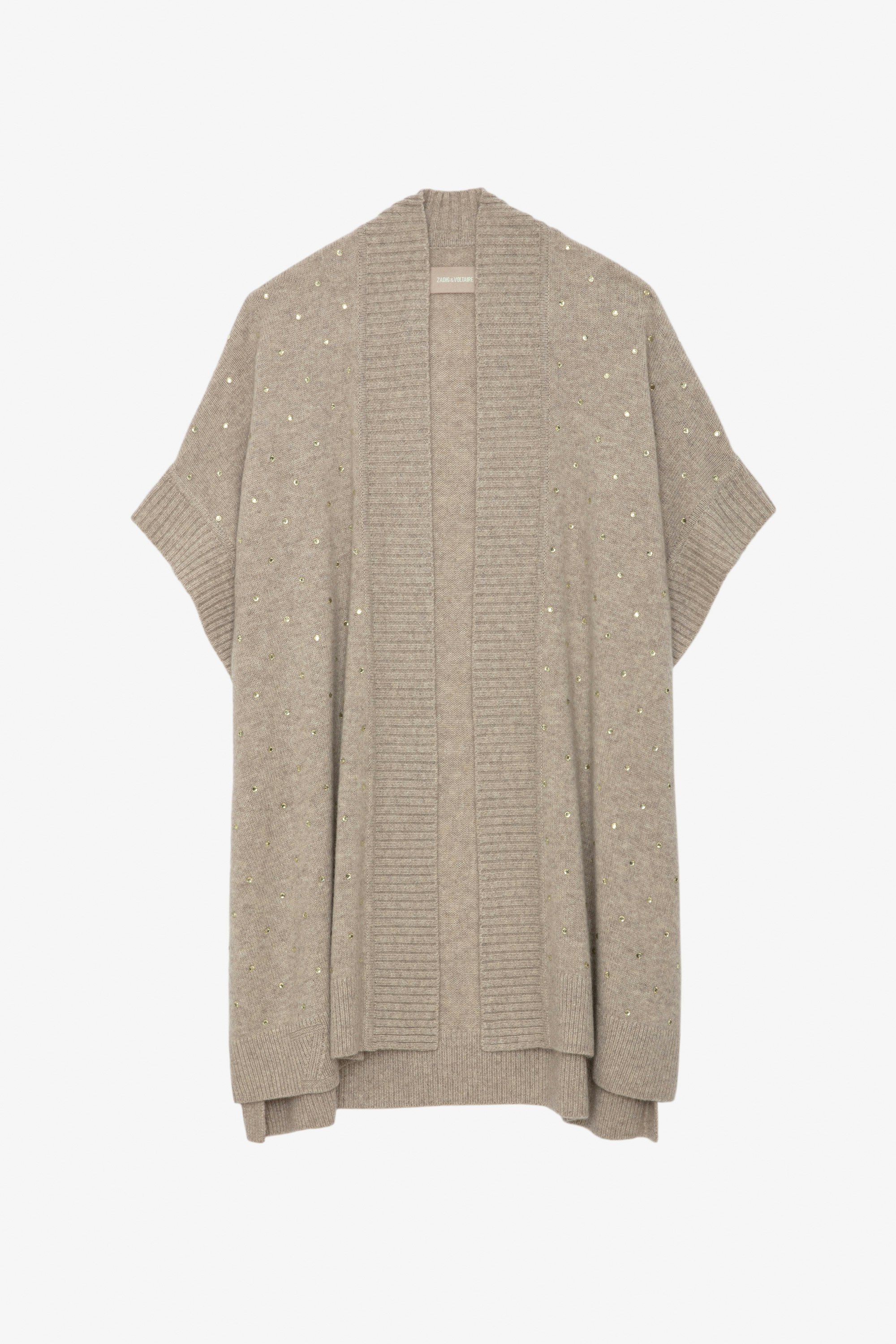Indiany Cashmere Cardigan - Beige cashmere midi cardicoat with short sleeves and gold diamanté.